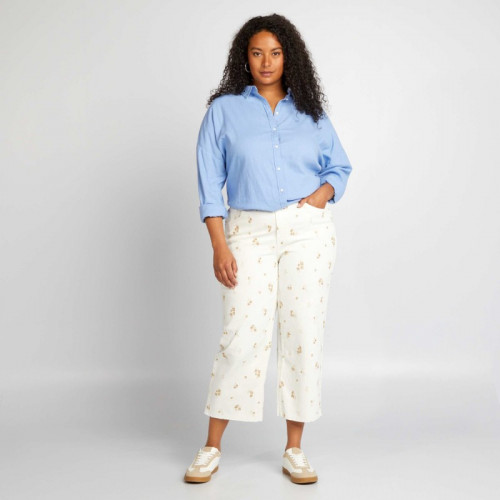 Pantalon cropped wide leg fleuri - Blanc