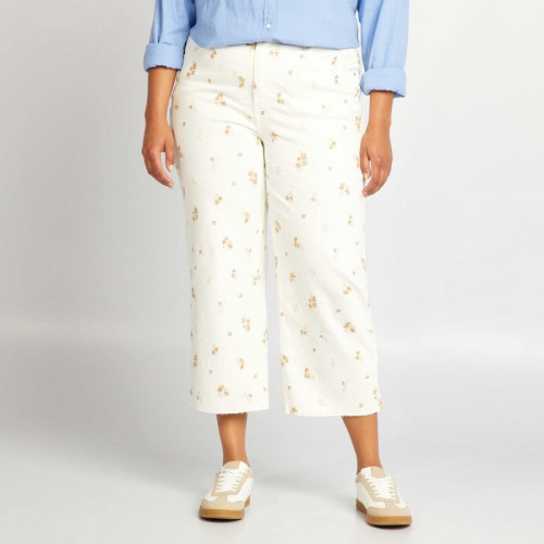 Pantalon cropped wide leg fleuri - Blanc