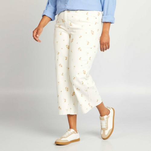 Pantalon cropped wide leg fleuri - Blanc