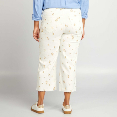 Pantalon cropped wide leg fleuri - Blanc