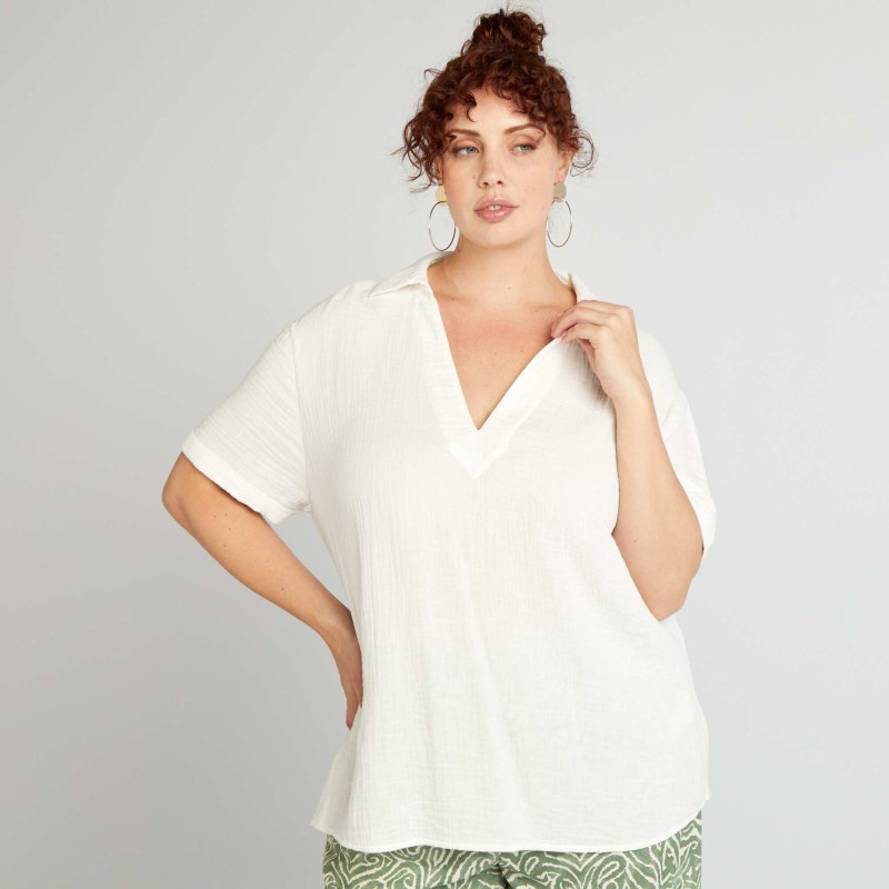 Blouse unie en gaze de coton - Blanc