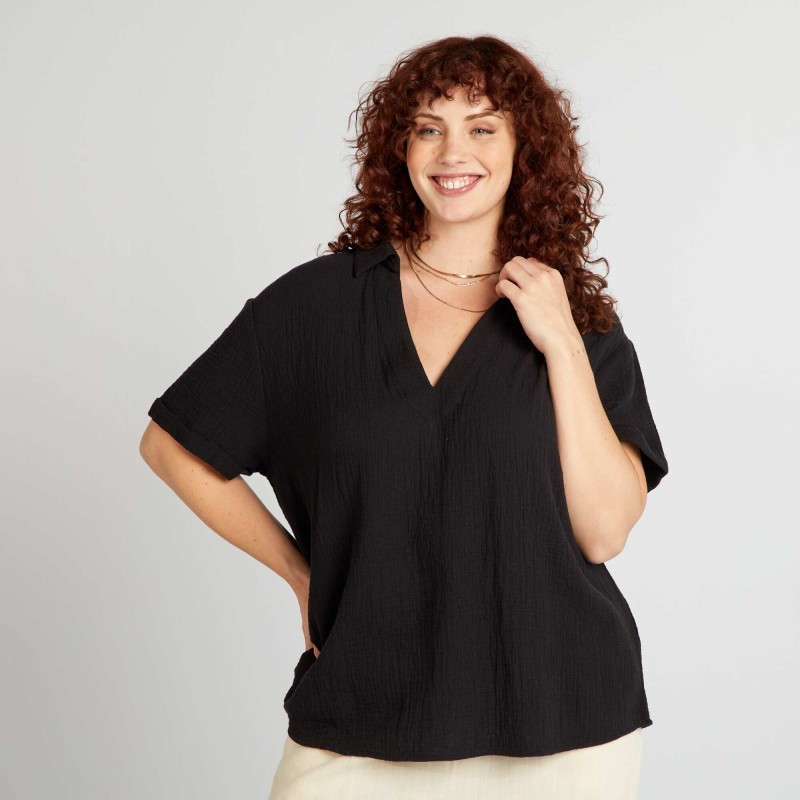 Blouse unie en gaze de coton - Noir