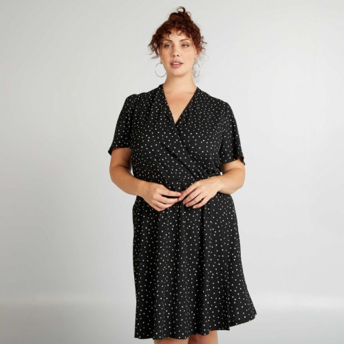 Robe portefeuille crêpée à motif - Noir 'pois'