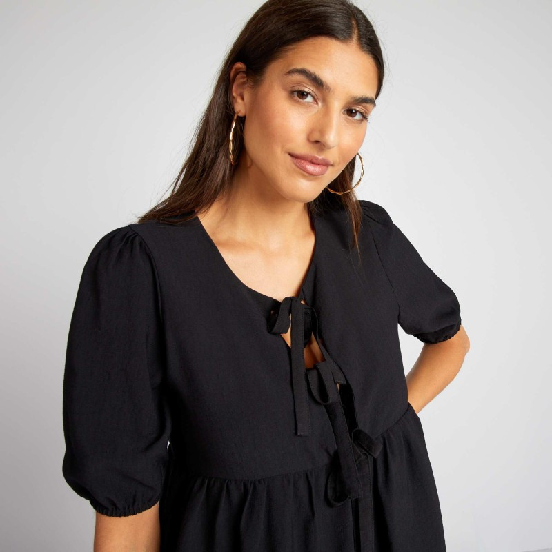 Blouse bouffante courte avec nœuds - Noir