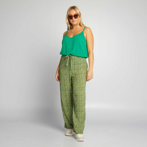 Pantalon large en matière légère et gaufrée - Vert