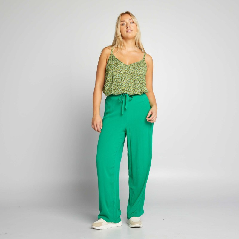 Pantalon large en matière légère et gaufrée - Vert