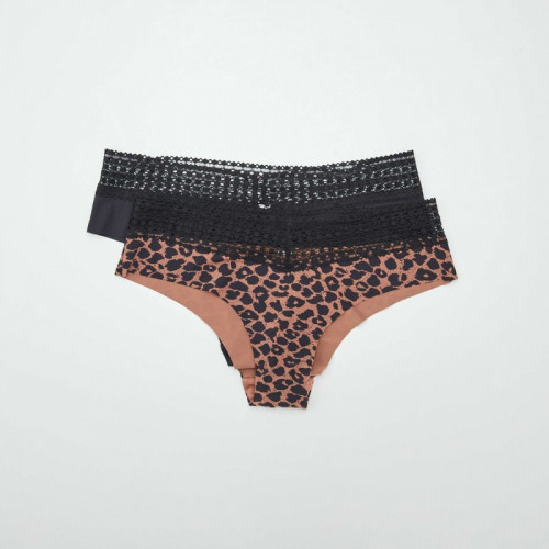 Lot de 2 shorty avec dentelle - Marron/léopard