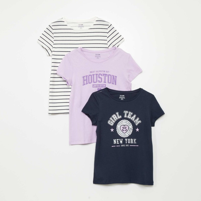 Lot de 3 t-shirts imprimés - Blanc/violet/ marine