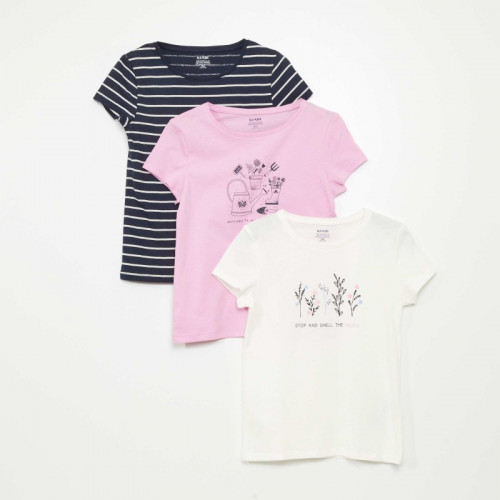 Lot de 3 t-shirts imprimés - Blanc/rose/bleu