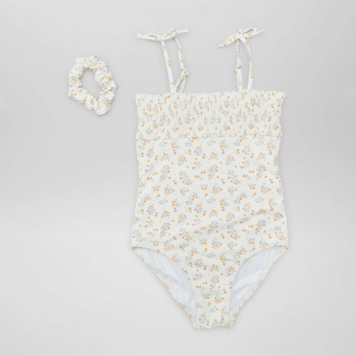 Maillot de bain smocké + Chouchou - 2 pièces - Blanc