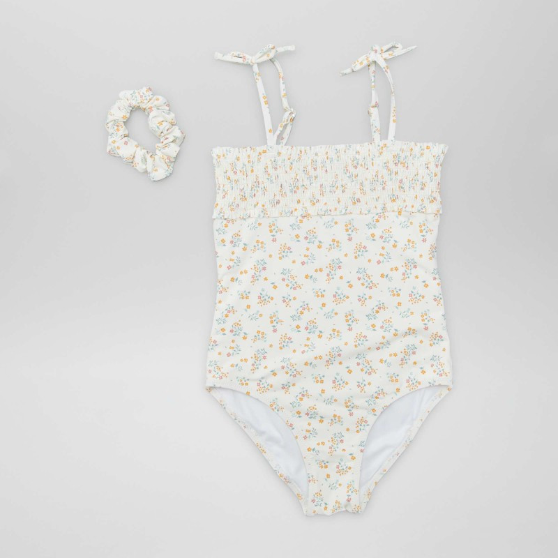 Maillot de bain smocké + Chouchou - 2 pièces - Blanc