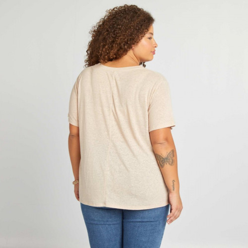 T-shirt col V en lin mélangé - Beige