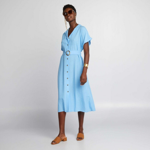 Robe midi avec lin mélangé et ceinture - Bleu