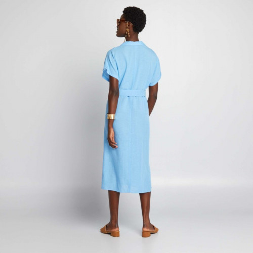 Robe midi avec lin mélangé et ceinture - Bleu