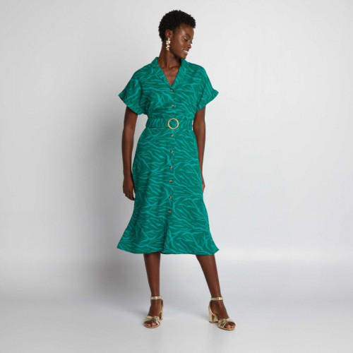 Robe midi avec lin mélangé et ceinture - Vert imprimé