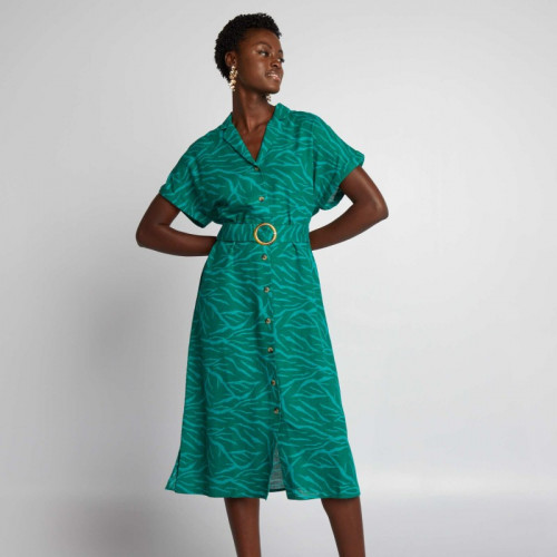 Robe midi avec lin mélangé et ceinture - Vert imprimé