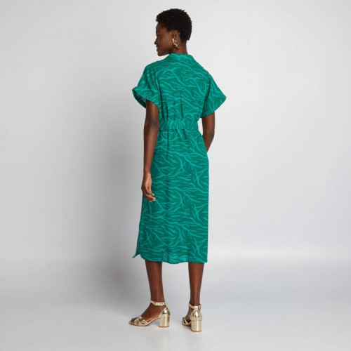 Robe midi avec lin mélangé et ceinture - Vert imprimé