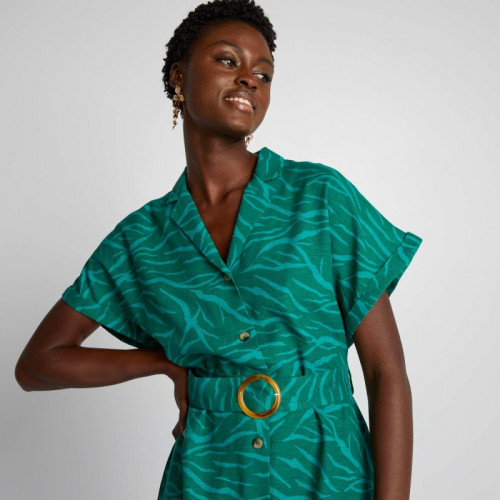 Robe midi avec lin mélangé et ceinture - Vert imprimé