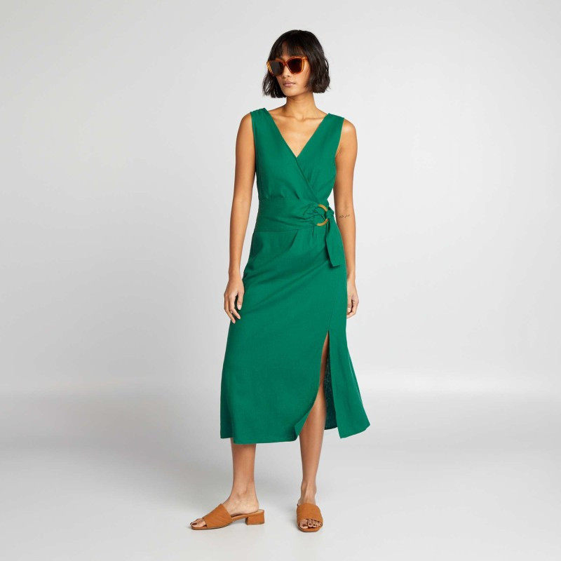 Robe cache-cœur en lin mélangé avec ceinture - Vert