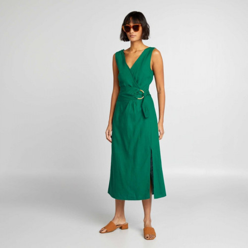 Robe cache-cœur en lin mélangé avec ceinture - Vert