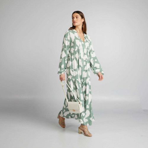 Robe midi imprimé col tunisien - Vert