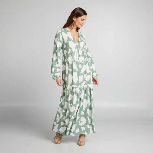 Robe midi imprimé col tunisien - Vert