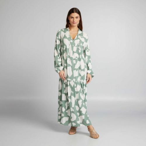 Robe midi imprimé col tunisien - Vert