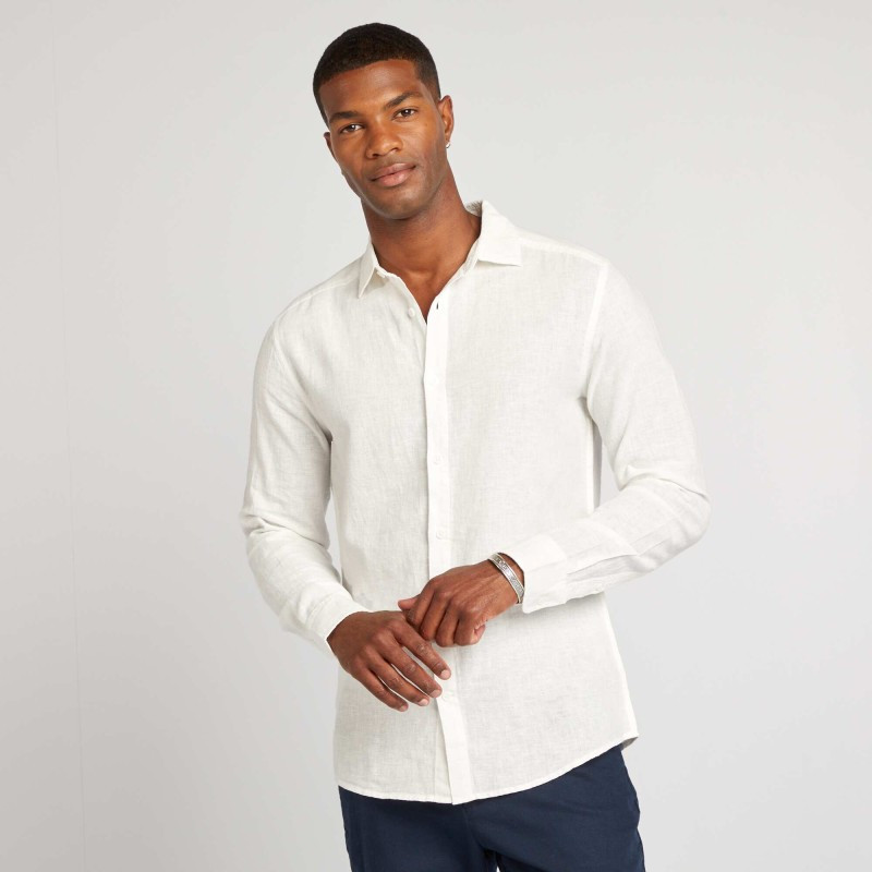 Chemise slim en lin mélangé - Blanc