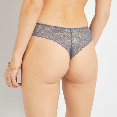 Tanga micro et dentelle - Gris bleu