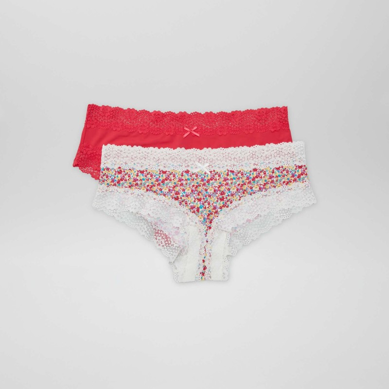 Lot de 2 shorties microfibre - Blanc/rouge