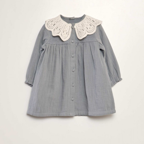 Robe évasée en gaze de coton + col amovible - Gris