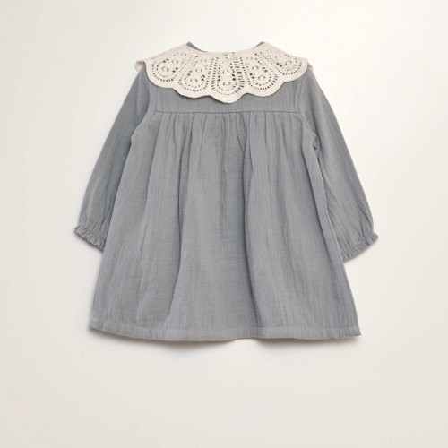 Robe évasée en gaze de coton + col amovible - Gris